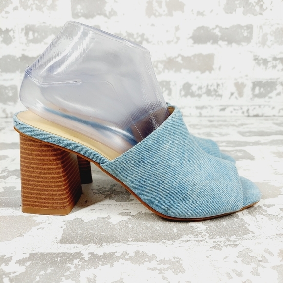 Nine West Wylow Blue Denim Open Toe Slip On Block Heel Mules M437 - Picture 5 of 13